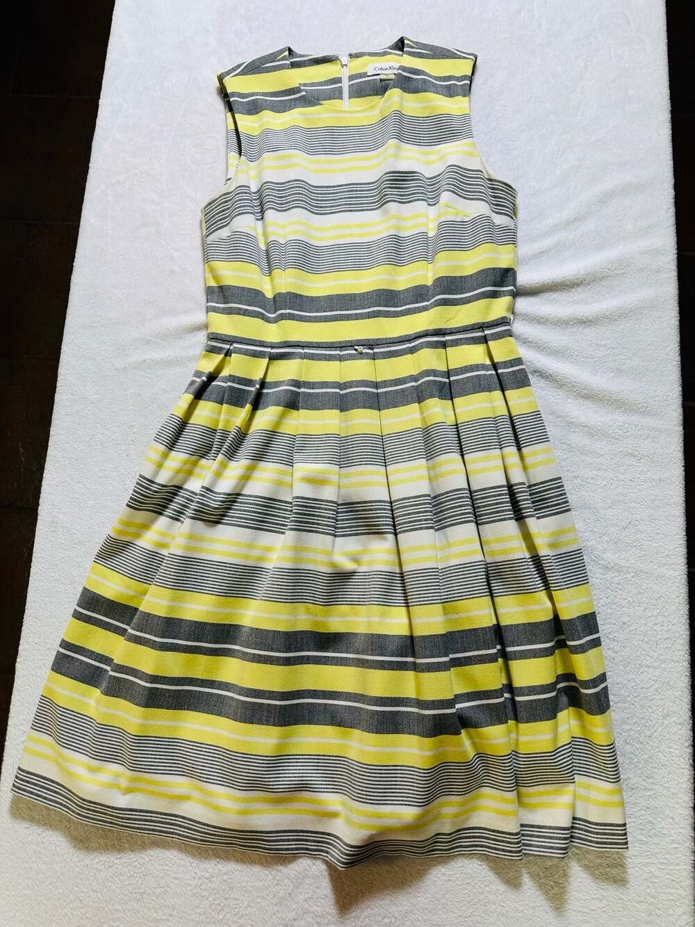 Calvin Klein Sleeveless Yellow and Gray Striped Pleated Fit and Flare Dress - Picture 1 of 4